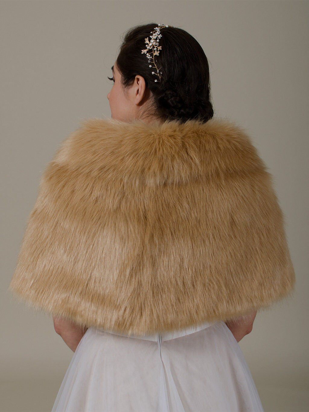 Caramel Faux Fur Bridal Wrap, Shrug Stole with collar