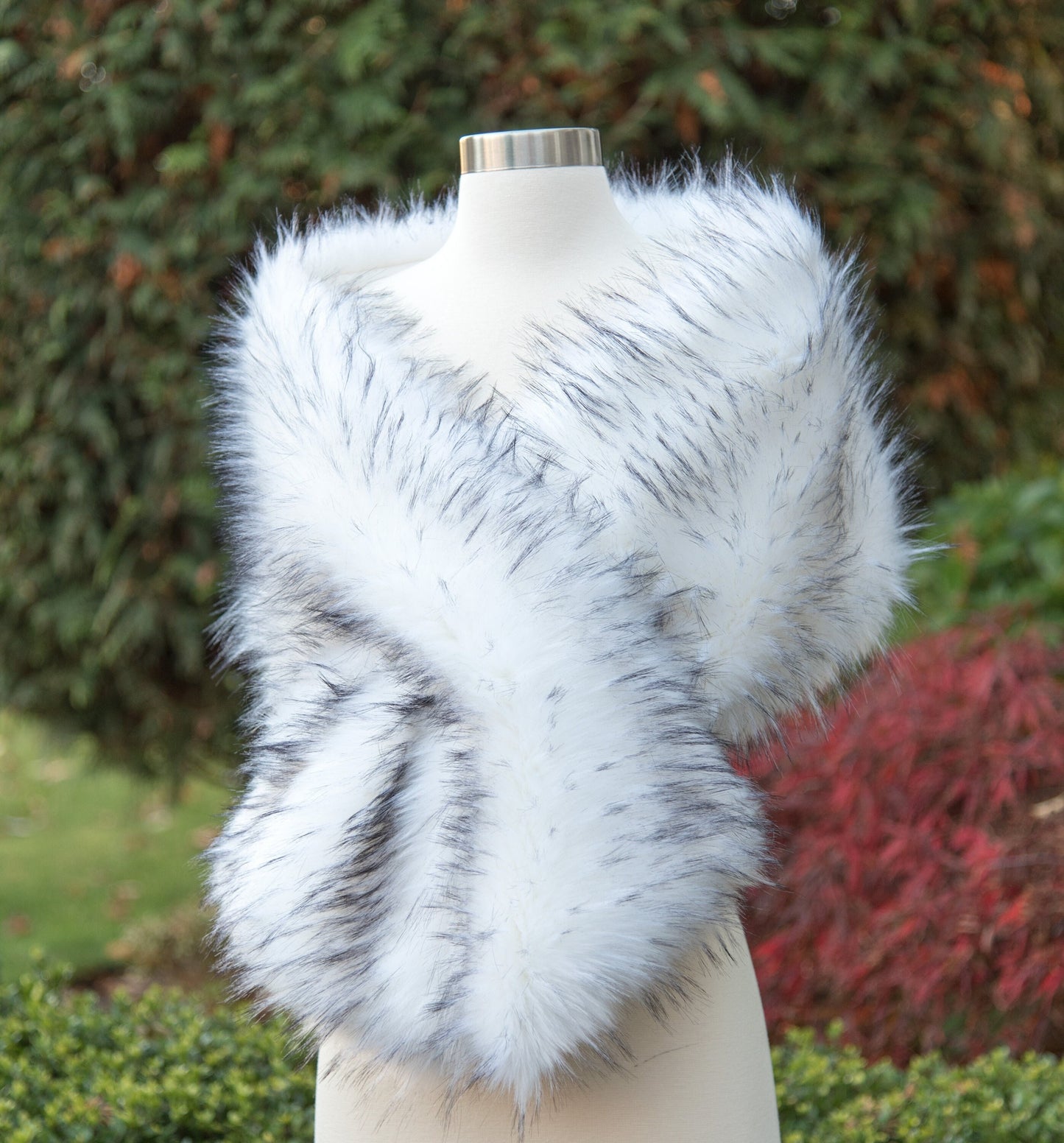 White faux fur wrap with black tips faux fur stole faux fur shawl bridal wrap faux fur shrug B005-white-black-tips