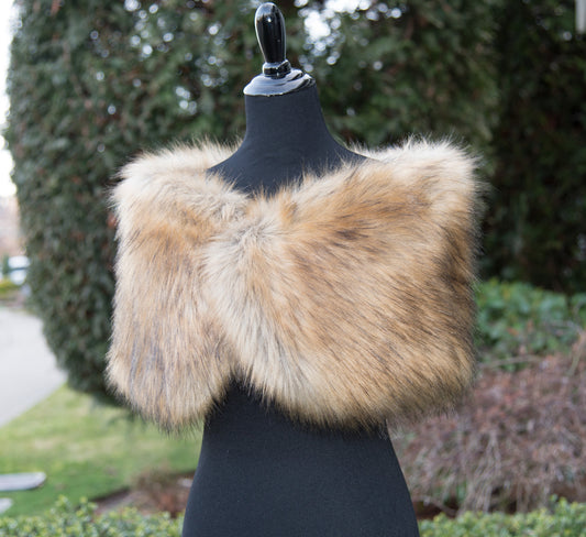 Brown faux fur bridal wrap, wedding faux fur shawl, faux fur bridal stole, faux fur cape B012-fox-2