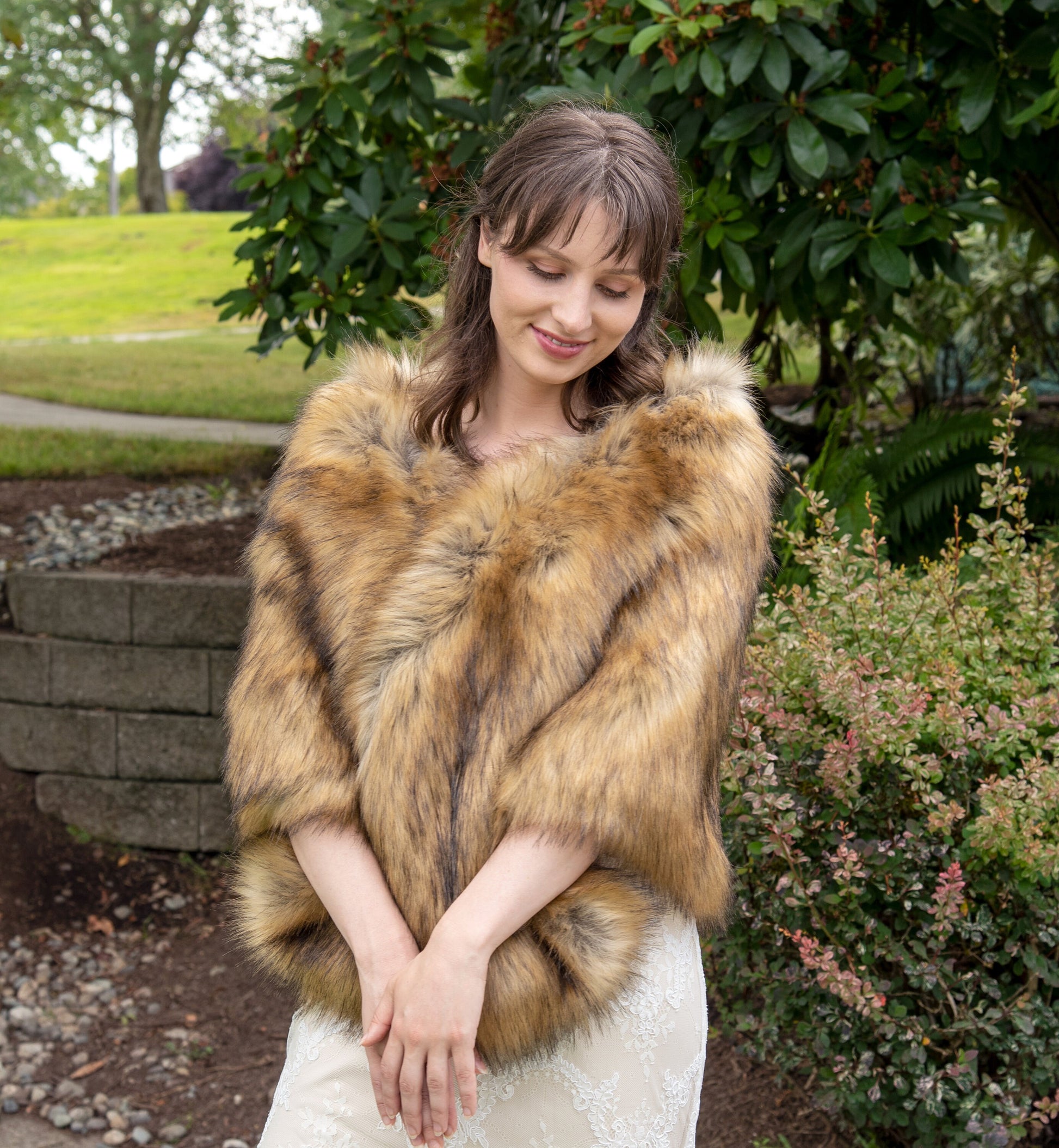 20 inches wide brown faux fox fur stole faux fur shawl bridal wrap faux fur shrug bridal cape B010-fox-2