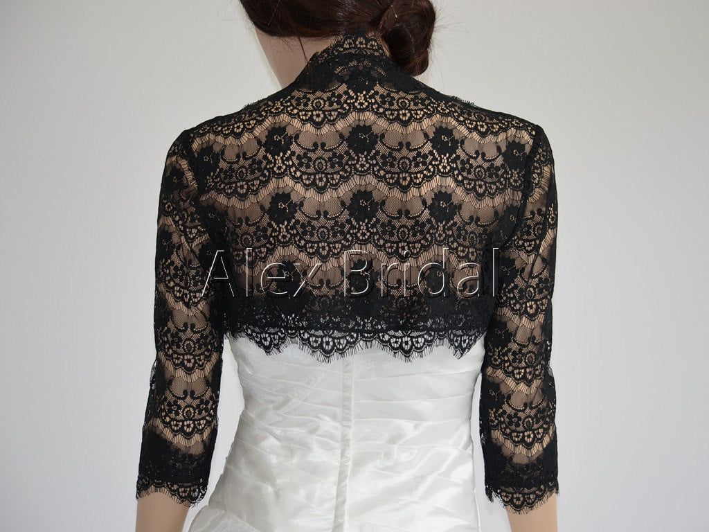 3/4 sleeve black lace bolero wedding jacket
