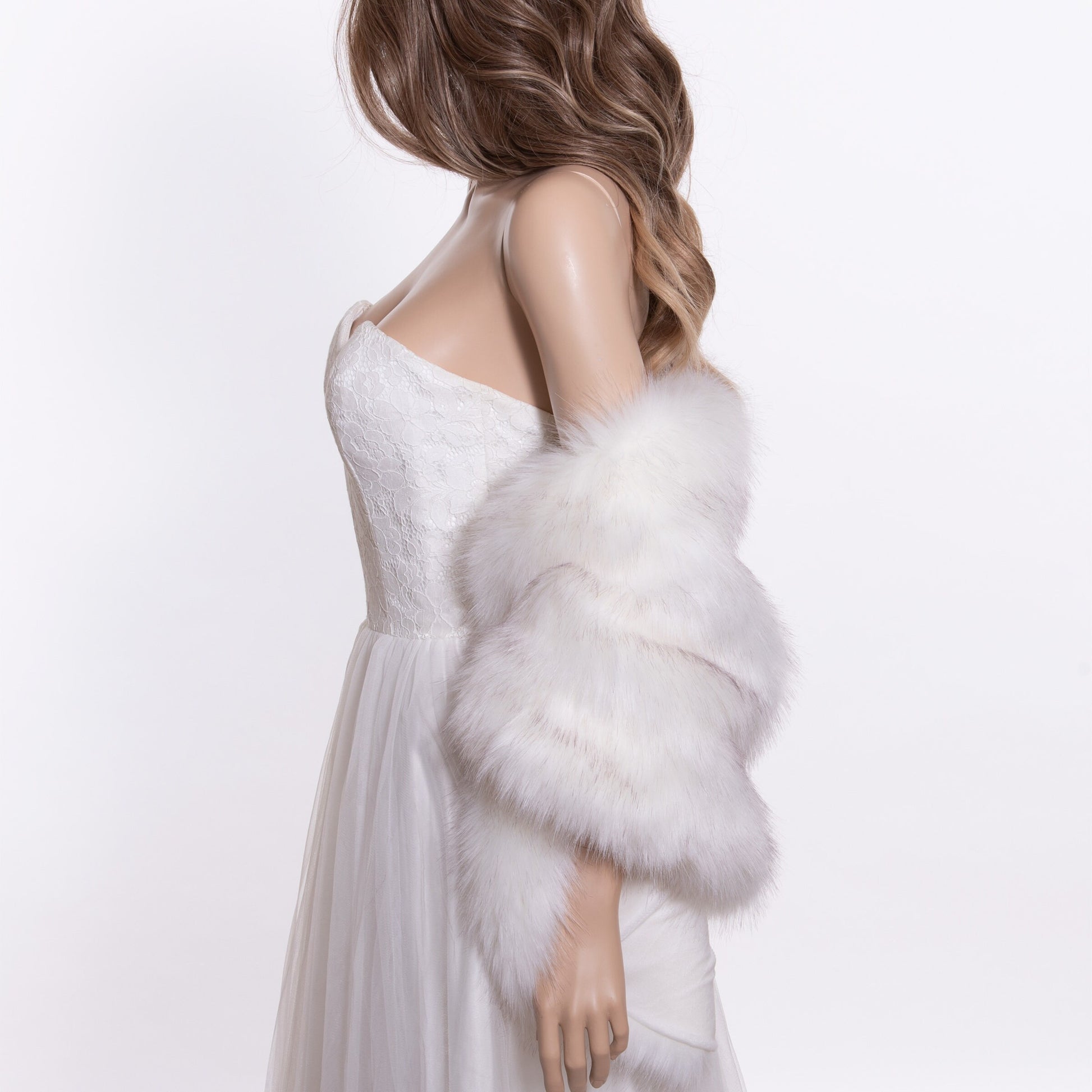 20 inches wide faux fur shawl ivory with black tips faux fur wrap faux fur shrug wedding faux fur shawl bridal B010-ivory-black-tips