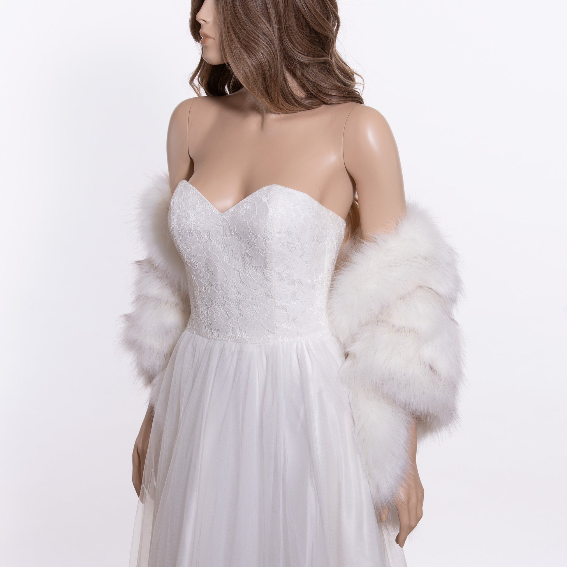 20 inches wide faux fur shawl ivory with black tips faux fur wrap faux fur shrug wedding faux fur shawl bridal B010-ivory-black-tips