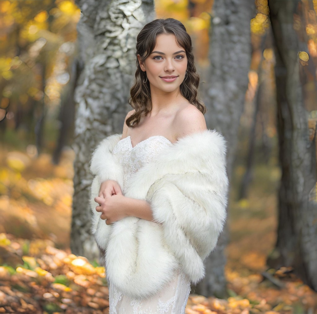 Wide ivory faux fur bridal wrap wedding faux fur shawl bridal faux fur stole bridal wrap wedding cape B010-ivory