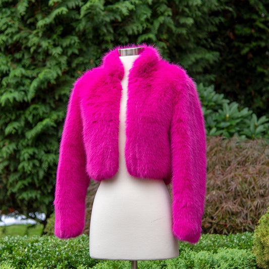 Hot pink long sleeve faux fur jacket faux fur coat faux fur bolero faux fur shrug FJ003-hot-pink