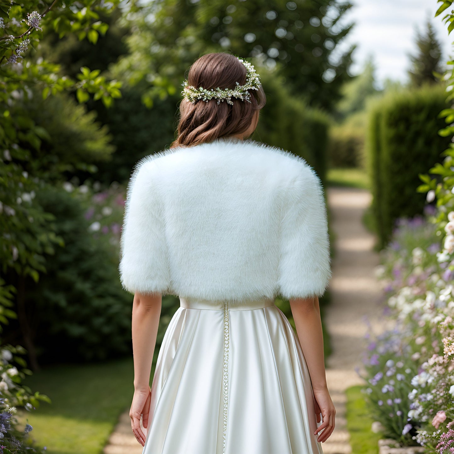 Light ivory elbow length sleeve faux fur bolero faux fur shrug faux fur jacket FJ005-light-ivory