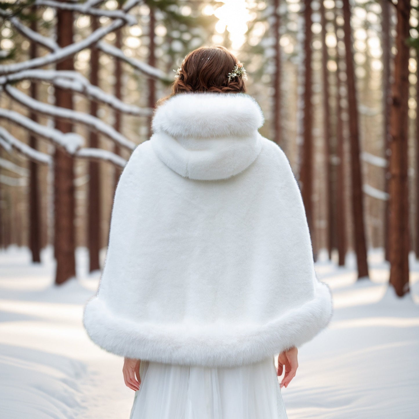 light ivory faux fur cape bridal shawl wedding wrap with hood B020-light-ivory