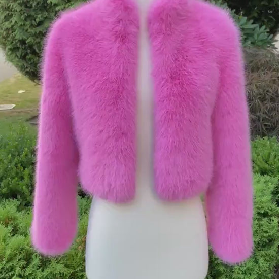 Barbie pink long sleeve faux fur jacket faux fur coat faux fur bolero faux fur shrug FJ003-hot-pink