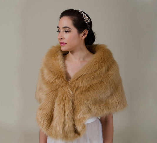 Caramel Faux Fur Bridal Wrap, Shrug Stole with collar