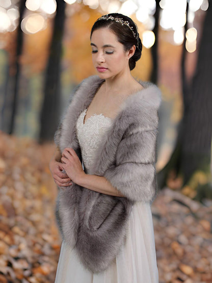 Gray faux fur wrap with pocket faux fur stole faux fur shawl bridal wrap wedding shrug faux fur cape faux fur wrap bridal B001-gray