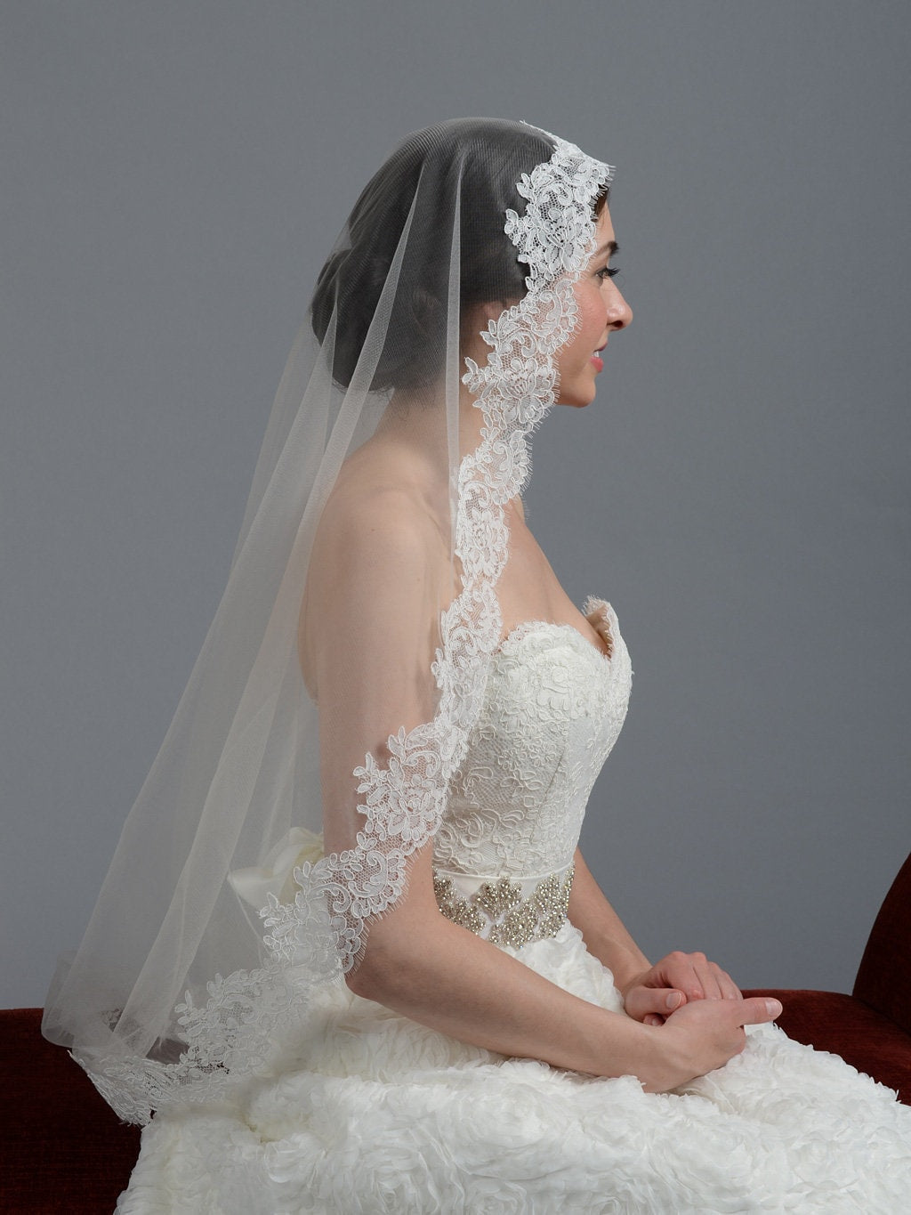 wedding veil, bridal veil, mantilla veil, fingertip length veil, alencon lace veil, wedding veil ivory, wedding veil elbow