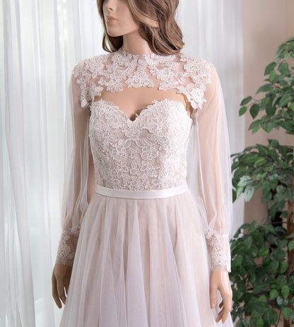Bishop sleeve beaded wedding dress topper with keyhole back | light ivory bridal lace topper | bridal lace jacket | bridal separates
