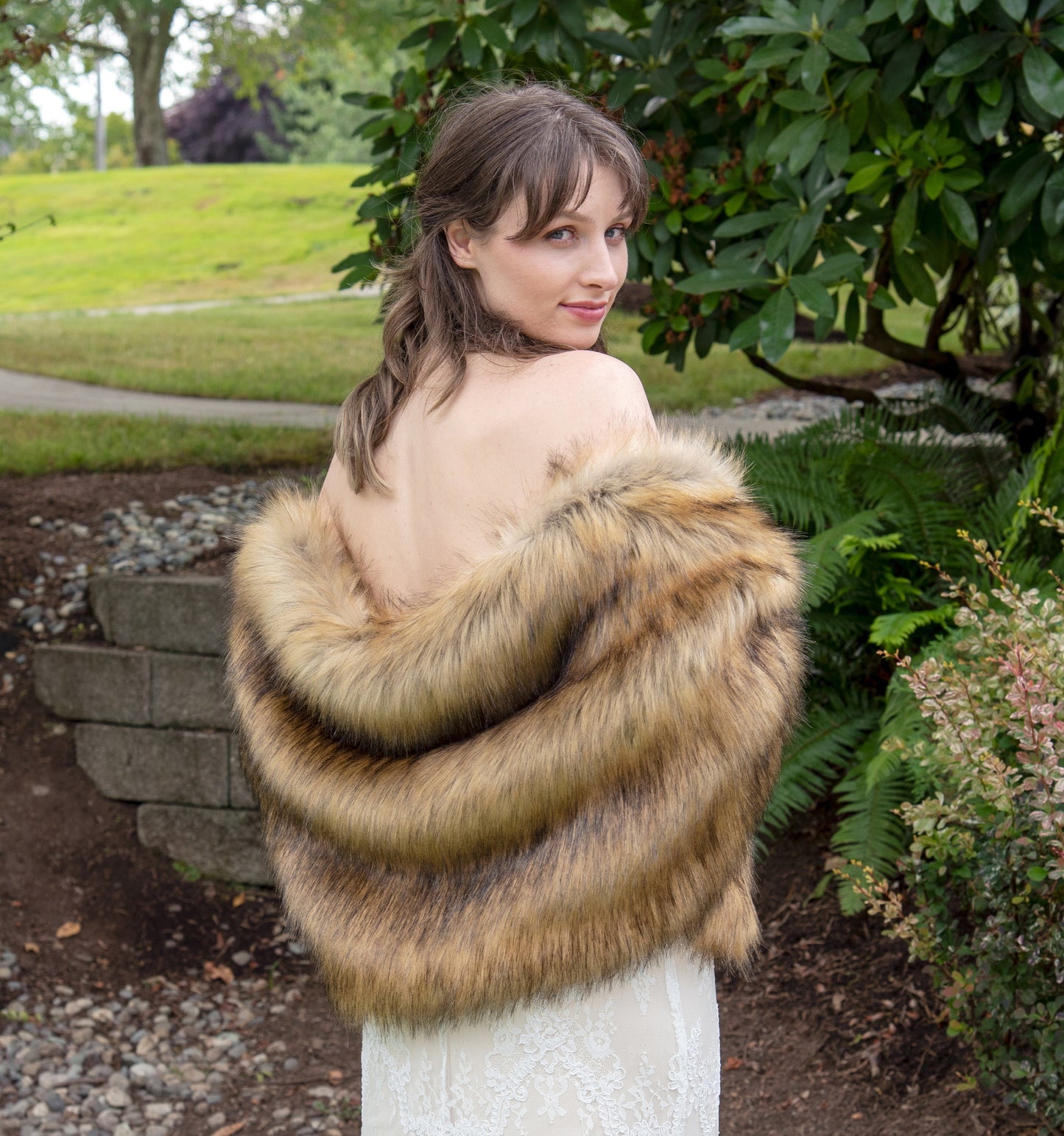 20 inches wide brown faux fox fur stole faux fur shawl bridal wrap faux fur shrug bridal cape B010-fox-2