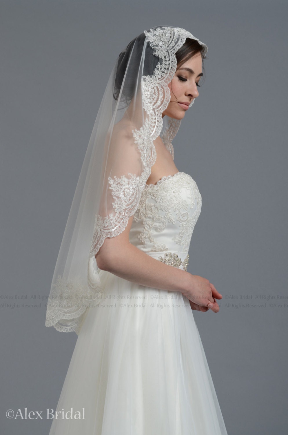 wedding veil, bridal veil, mantilla veil, elbow length veil, alencon lace veil, wedding veil ivory, fingertip length veil