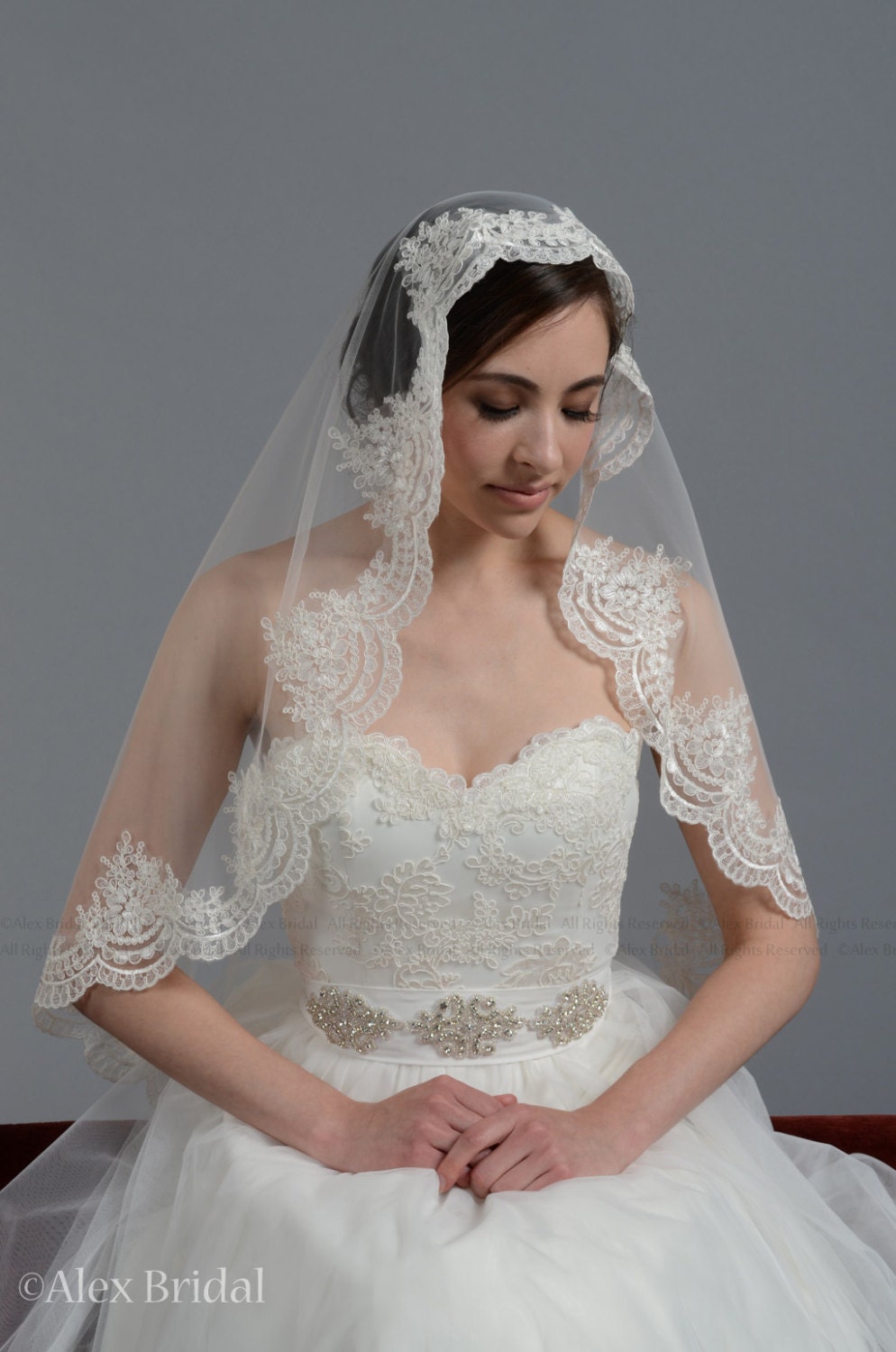 wedding veil, bridal veil, mantilla veil, elbow length veil, alencon lace veil, wedding veil ivory, fingertip length veil