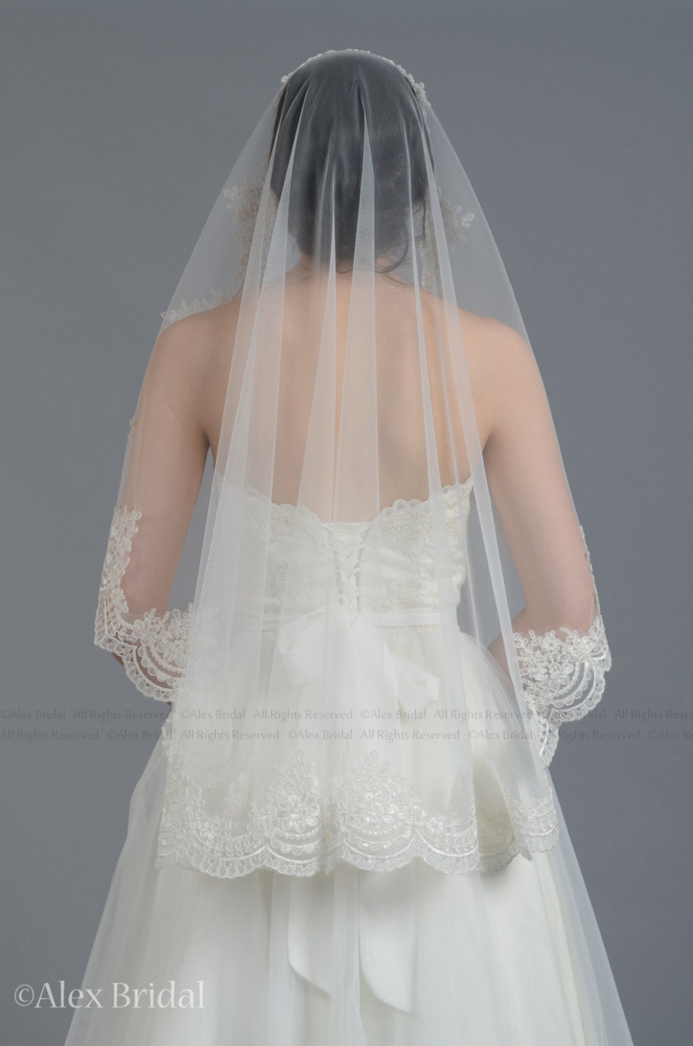 wedding veil, bridal veil, mantilla veil, elbow length veil, alencon lace veil, wedding veil ivory, fingertip length veil