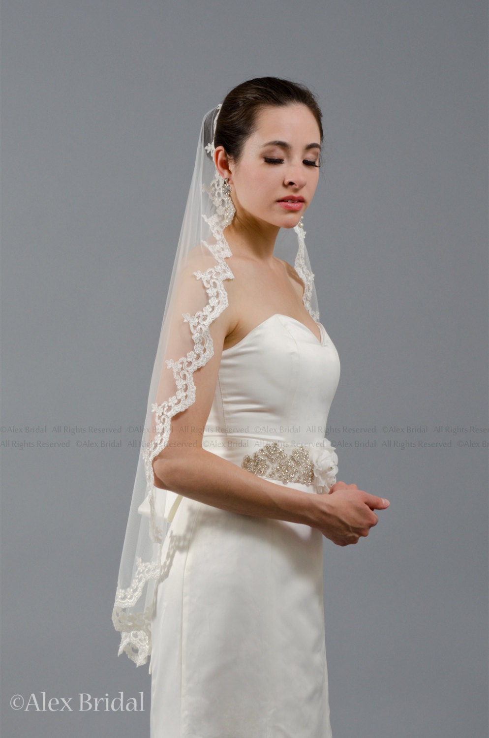 mantilla veil, bridal veil, wedding veil, ivory veil, lace veil, alencon lace, wedding veil ivory, wedding veil lace, elbow veil V040