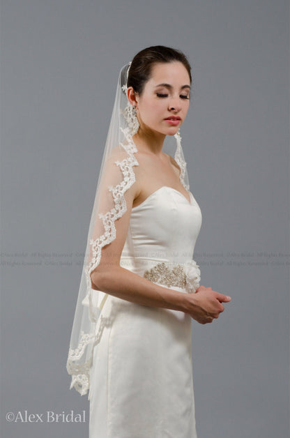 mantilla veil, bridal veil, wedding veil, ivory veil, lace veil, alencon lace, wedding veil ivory, wedding veil lace, elbow veil V040