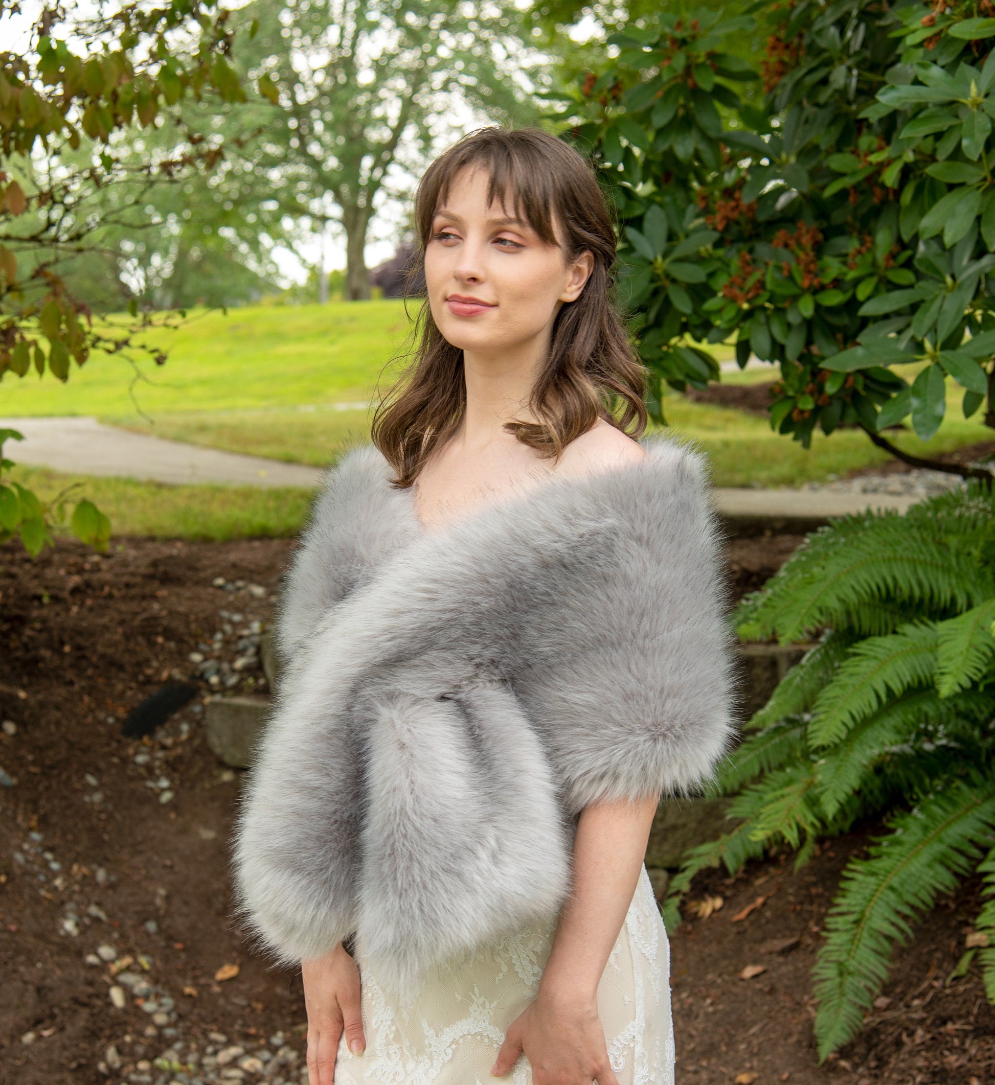 Gray faux fur wrap with black tips silver faux fur bridal wrap