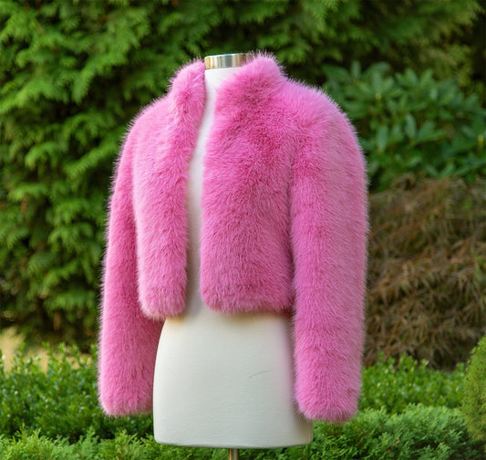 Barbie pink long sleeve faux fur jacket faux fur coat faux fur bolero faux fur shrug FJ003-barbie-pink