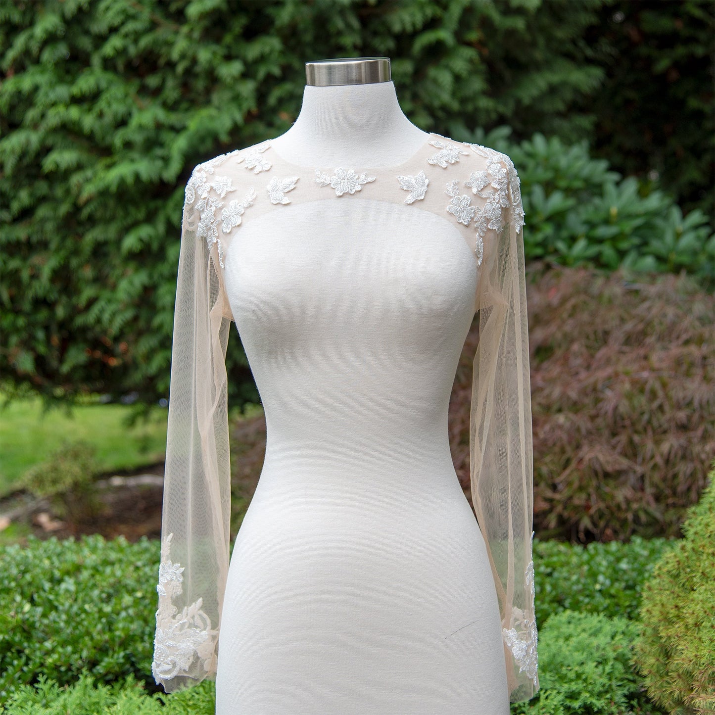Keyhole back wedding dress topper with raw edges and long sleeves, wedding bolero, lace bolero, wedding jacket, bridal bolero