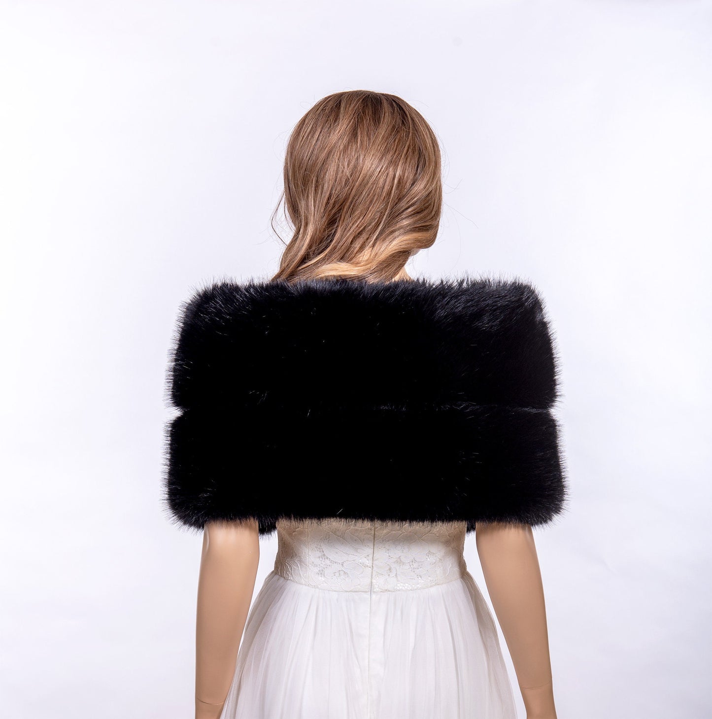 Black faux fur bridal wrap, wedding faux fur shawl, faux fur bridal stole, faux fur cape B015-Black