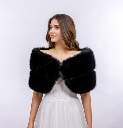 Black faux fur bridal wrap, wedding faux fur shawl, faux fur bridal stole, faux fur cape B015-Black