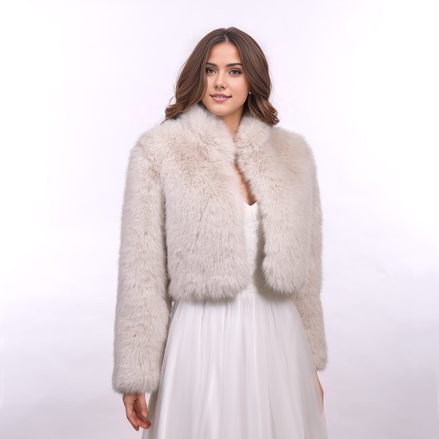 Light blush gray long sleeve faux fur jacket faux fur coat faux fur bolero faux fur shrug FJ003-light-blush-gray