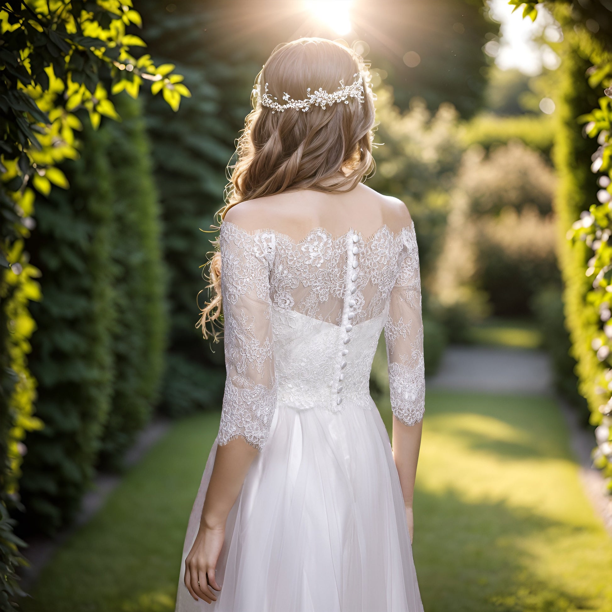 Light ivory Off-Shoulder Alencon Lace wedding dress topper bolero jacket Bridal Bolero Wedding jacket