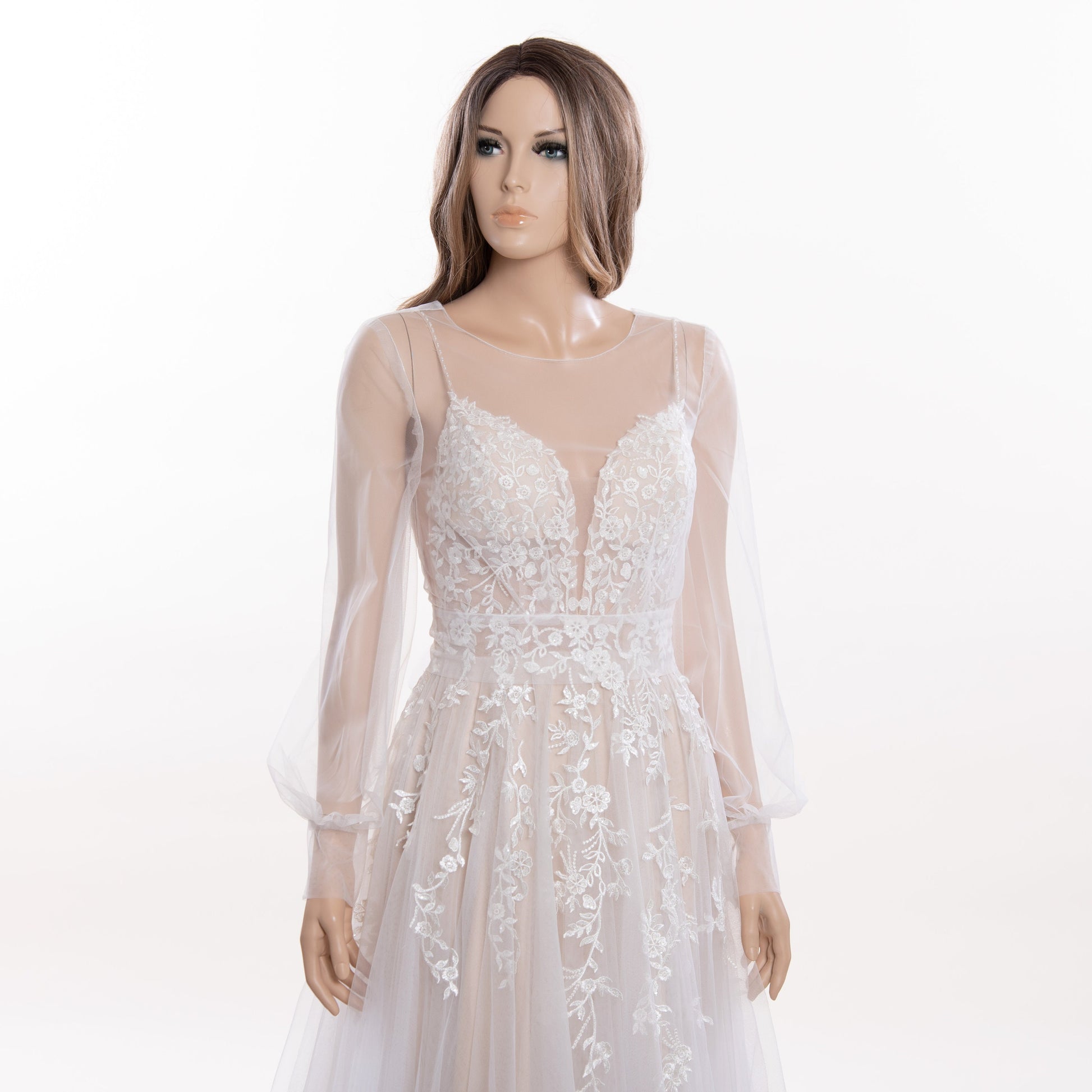 Bishop sleeves plain tulle wedding dress topper with bow tie in light ivory color