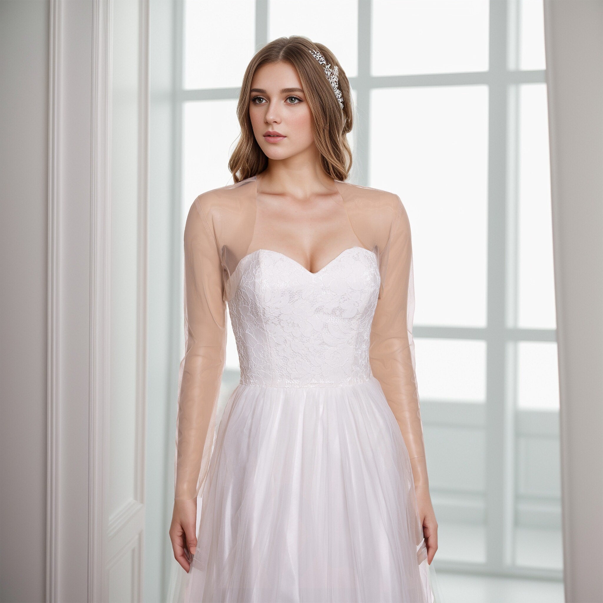Plain tulle bolero without any lace in beige color