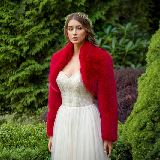 Red long sleeve faux fur bolero faux fur jacket faux fur coat faux fur shrug FJ002-red
