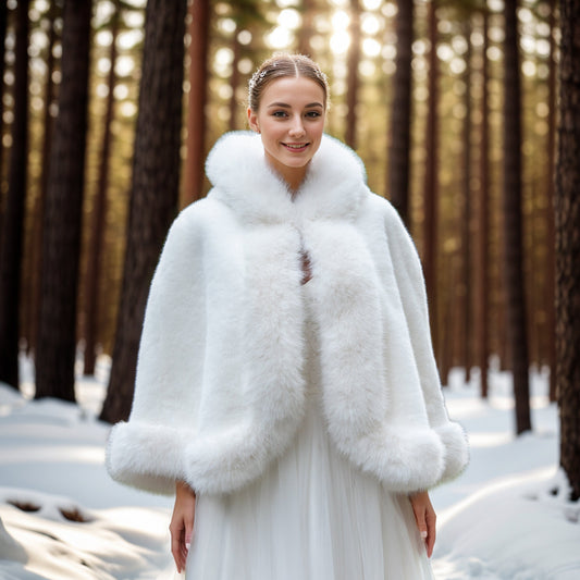 light ivory faux fur cape bridal shawl wedding wrap with hood B020-light-ivory