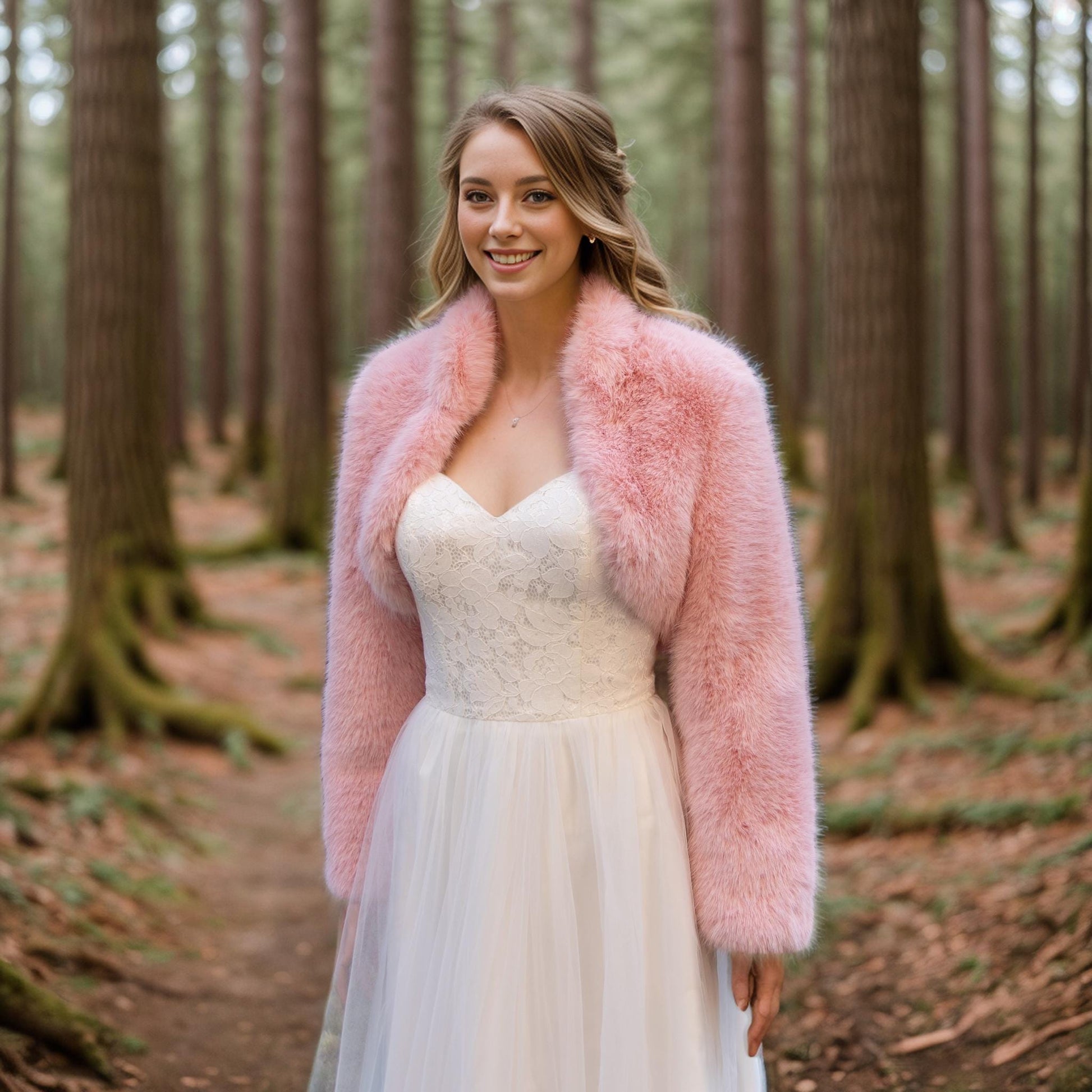 Light pink long sleeve faux fur bolero faux fur jacket faux fur coat faux fur shrug FJ002-light-pink