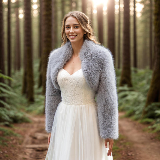 Gray long sleeve faux fur bolero faux fur jacket faux fur coat faux fur shrug FJ002