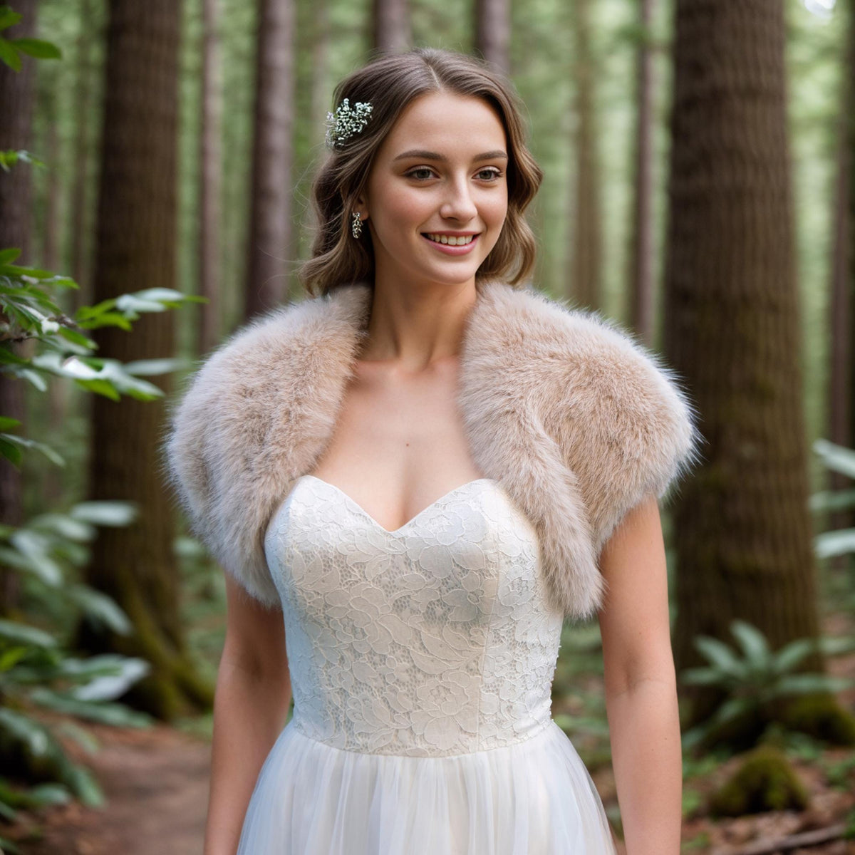 Light Beige Faux Fur Bridal Shrug: Fleece Lined Bolero