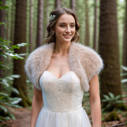 Light Beige Faux Fur Bridal Shrug: Fleece Lined Bolero