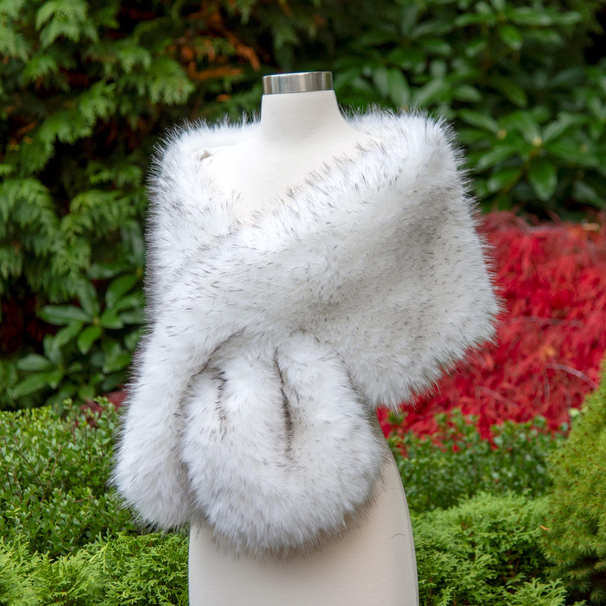 White Faux Fur Bridal Wrap with Black Tips