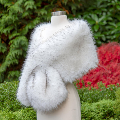 White Faux Fur Bridal Wrap with Black Tips