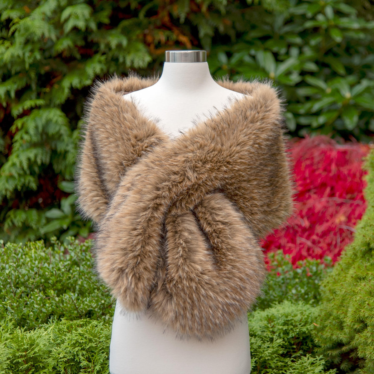 Brown faux fur wrap with black tips: Fleece Lined Wedding Shawl B021-Brown