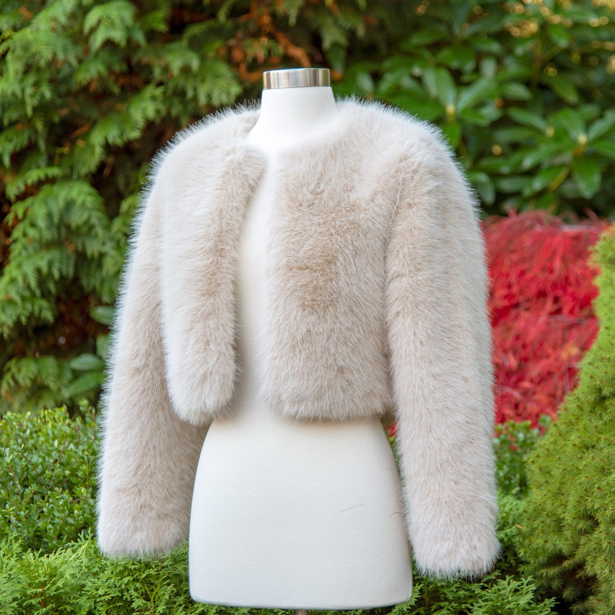 Light Beige Faux Fur Bridal Jacket: Long Sleeve Bolero Shrug