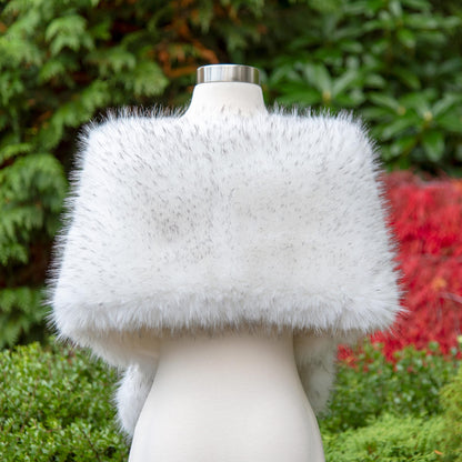 White Faux Fur Bridal Wrap with Black Tips