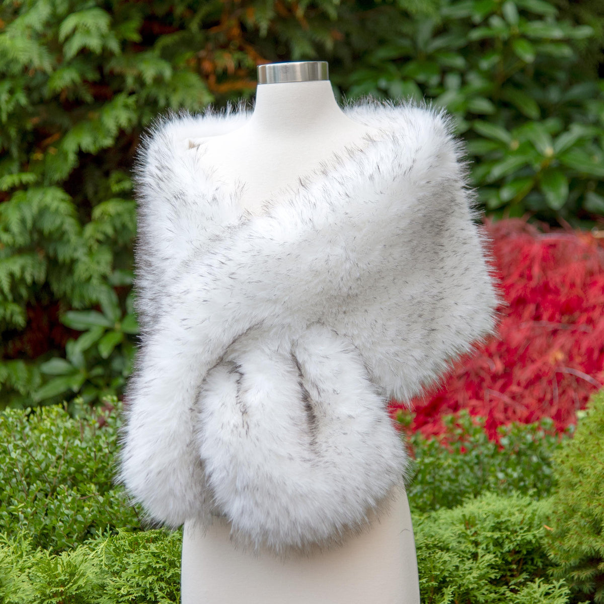 White Faux Fur Bridal Wrap with Black Tips