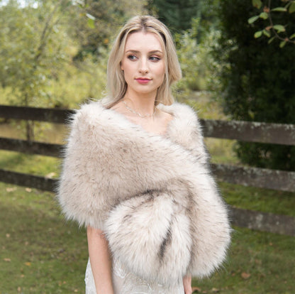 Light Blush Beige Faux Fur Bridal Wrap: Soft Fleece Lined Stole