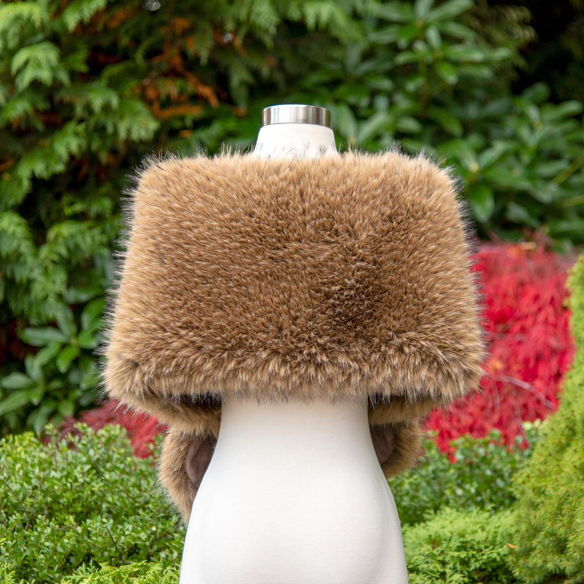 Brown faux fur wrap with black tips: Fleece Lined Wedding Shawl B021-Brown