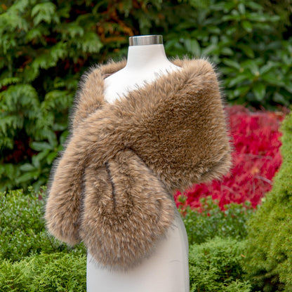 Brown faux fur wrap with black tips: Fleece Lined Wedding Shawl B021-Brown