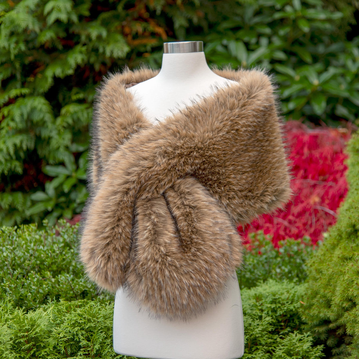 Brown faux fur wrap with black tips: Fleece Lined Wedding Shawl B021-Brown