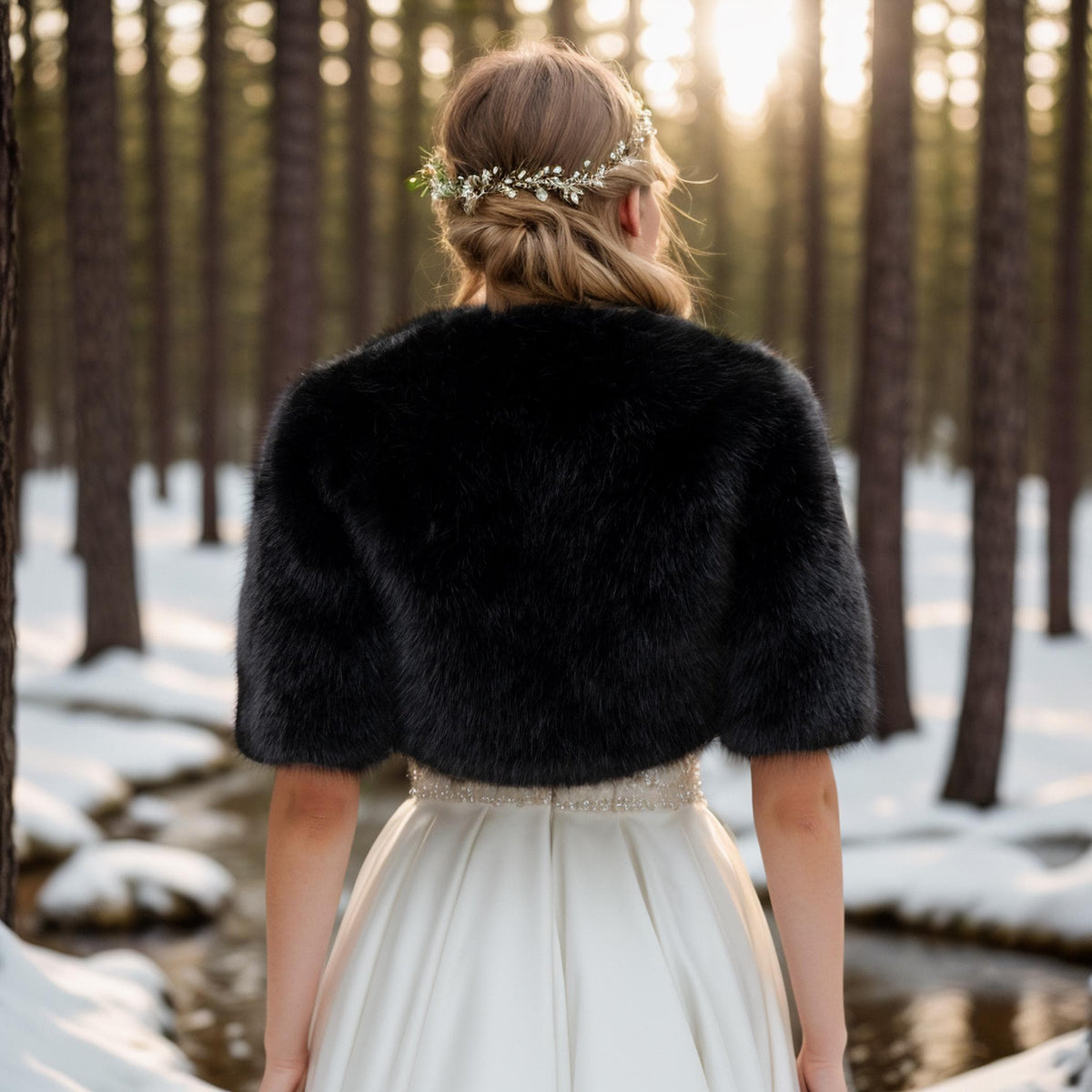 Black Faux Fur Bridal Bolero: Elbow Length Shrug, Wedding Cover-Up