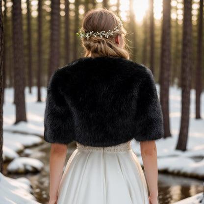Black Faux Fur Bridal Bolero: Elbow Length Shrug, Wedding Cover-Up