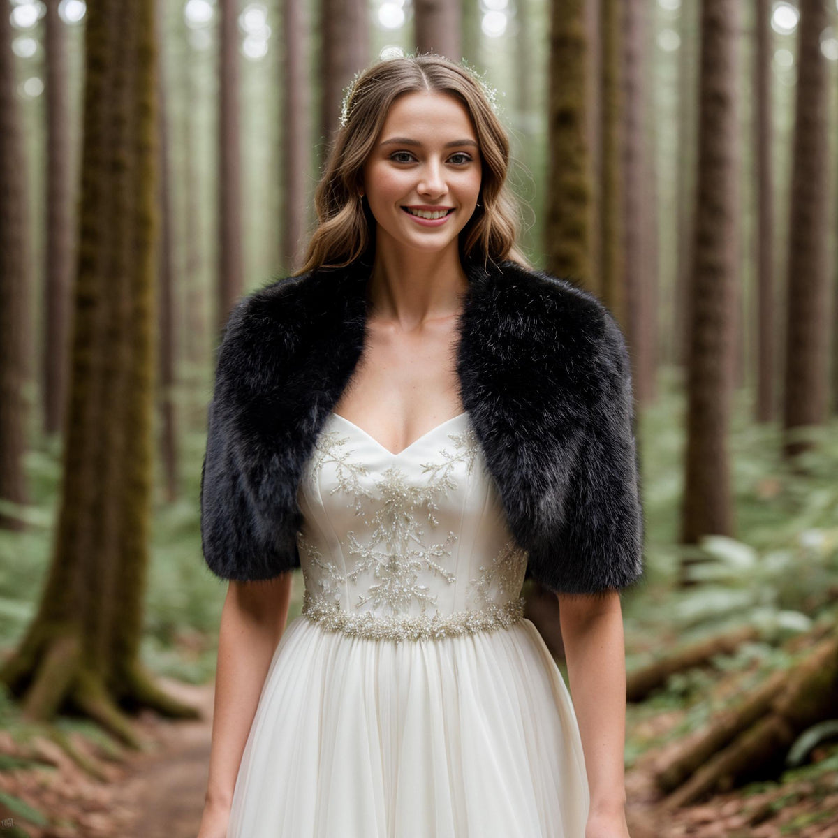 Black Faux Fur Bridal Bolero: Elbow Length Shrug, Wedding Cover-Up